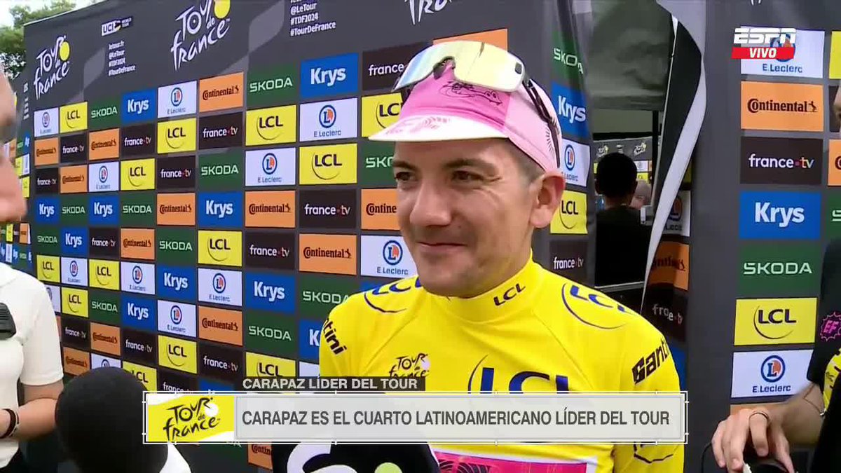 Richard #Carapaz habló mano a mano con Victor Hugo #Peña por su reciente amarillo en el #TDF2024. 💛