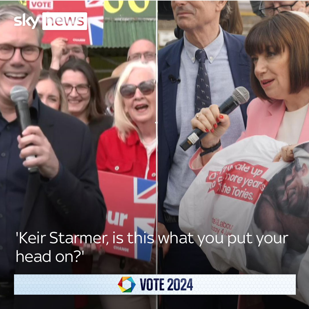 Sky's Beth Rigby asks Keir Starmer if a pillow handed out to journalists by Labour is what he sleeps on at night. The pillows are printed with a mocked-up photo of the PM in bed and the words 'don't wake up to five more years of the Tories'. Latest 🔗
