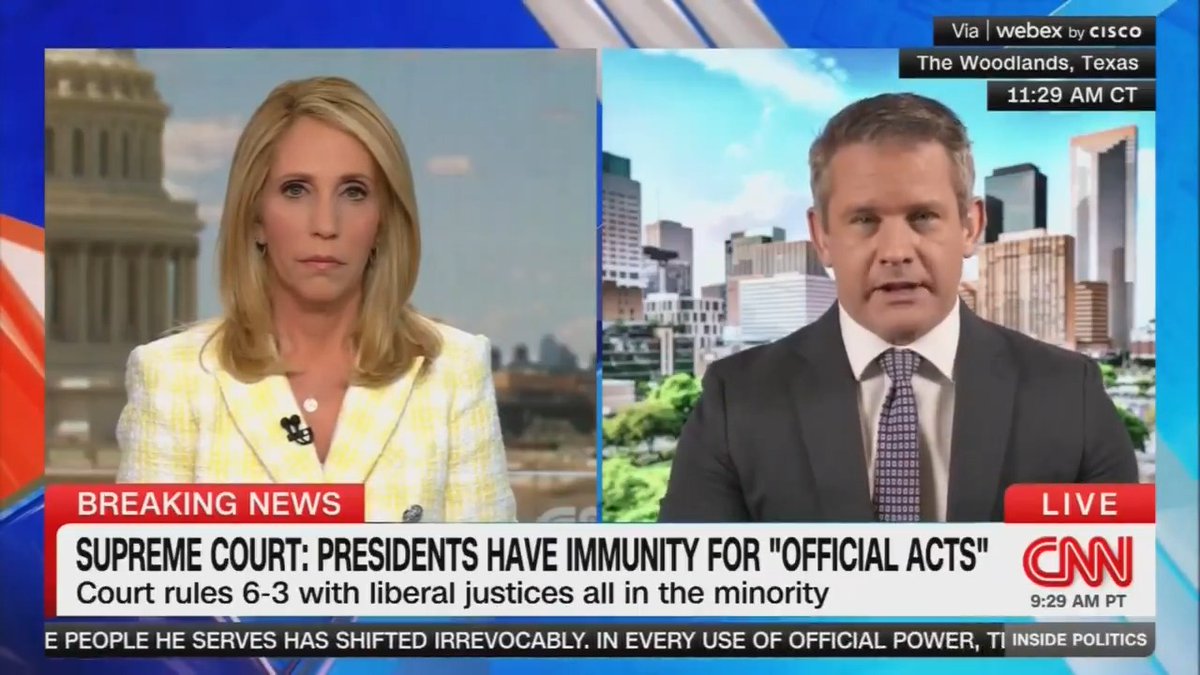 Fmr. GOP Rep. Adam Kinzinger (Slava Ukraini) 🇺🇸🇺🇦: This is very frightening. Donald Trump sees this immunity decision as a complete exoneration of what happened on January 6. If Trump as president tells the attorney general 'just say the election was corrupt and leave the rest to me and the Republican Congress' and the attorney general does not want to do it, then the president can fire him to bring someone else in who will listen to him. Is that the kind of country we want to live in?