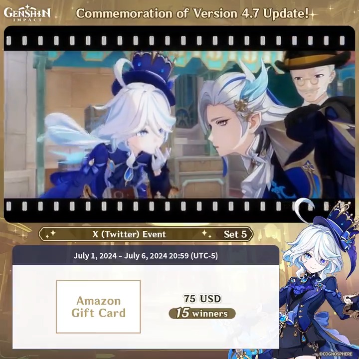✨Set 5✨ Commemoration of Version 4.7 Update 🎁Participate for a chance to win a $75 Amazon gift card. How to Participate: ① Follow Genshin Impact ② Repost this post Winners will be contacted via Messages after the event ends. Rules: #GenshinImpact