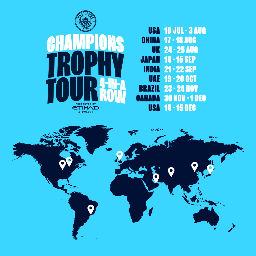 Join us around the world! 🌍 Our Champions 4-IN-A-ROW Trophy Tour presented by Etihad Airways begins this summer 🏆 Find out everything you need to know ⤵️