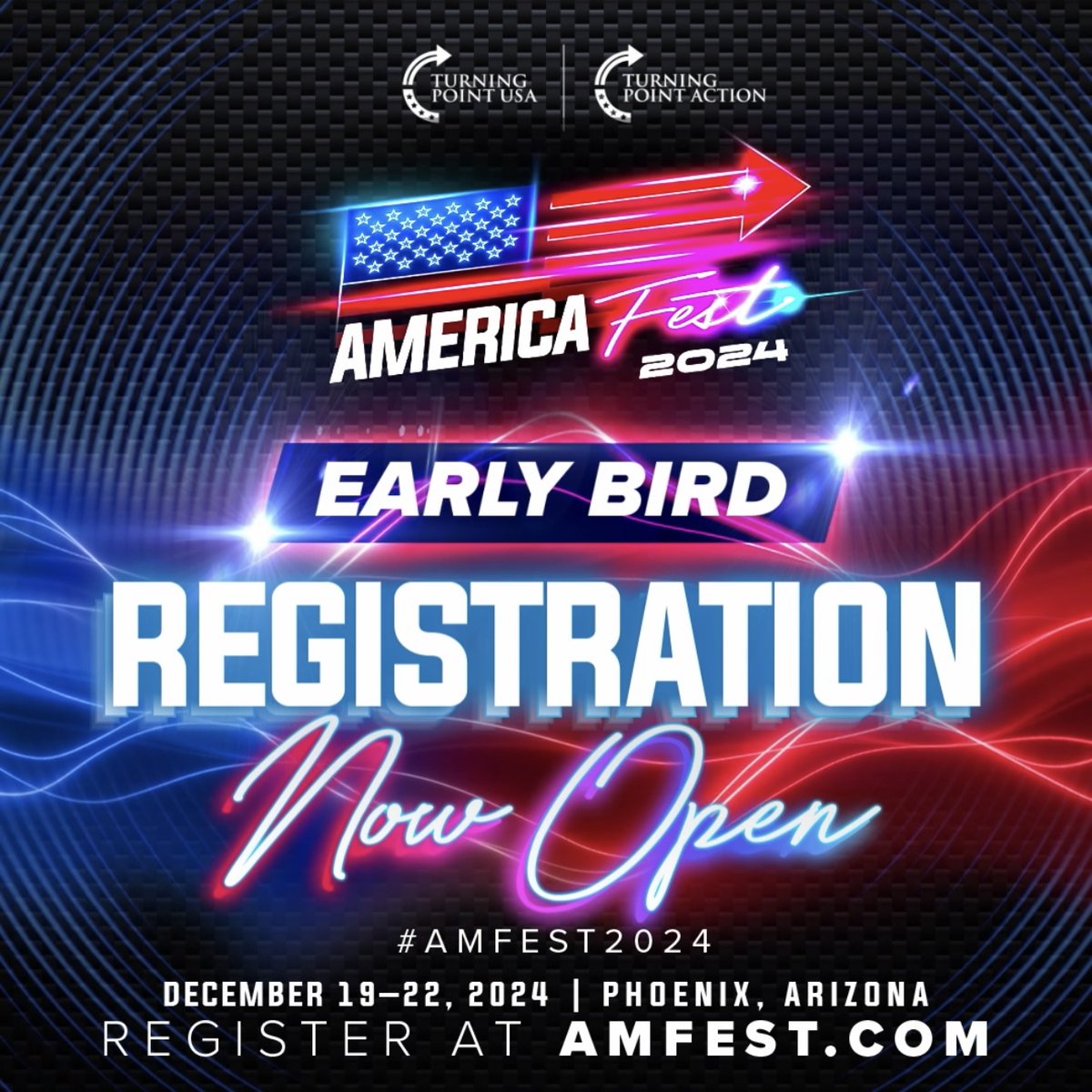 WE THE PEOPLE are ready to STEP UP &amp; FIGHT for America’s future at AmericaFest 2024! 🇺🇸 REGISTER NOW at to join us Dec. 19-22 in Phoenix, AZ + get 50% off #AMFEST2024 GA passes with our Early Bird deal until Sep. 6, 2024, 11:59 PM PST!