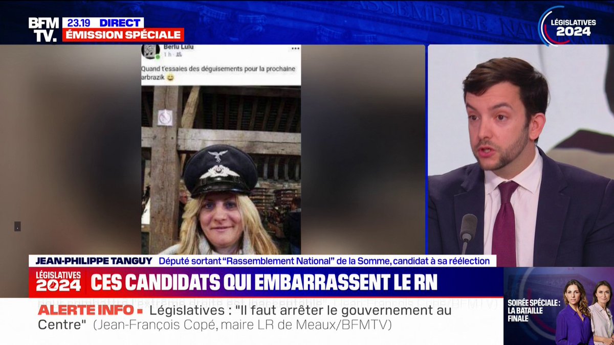 💬 "À chaque fois qu'une personne avec un comportement inacceptable est repéré, il est immédiatement sanctionné" Jean-Philippe Tanguy, député sortant et candidat du Rassemblement national réagit à la candidature d'une femme portant une casquette nazie