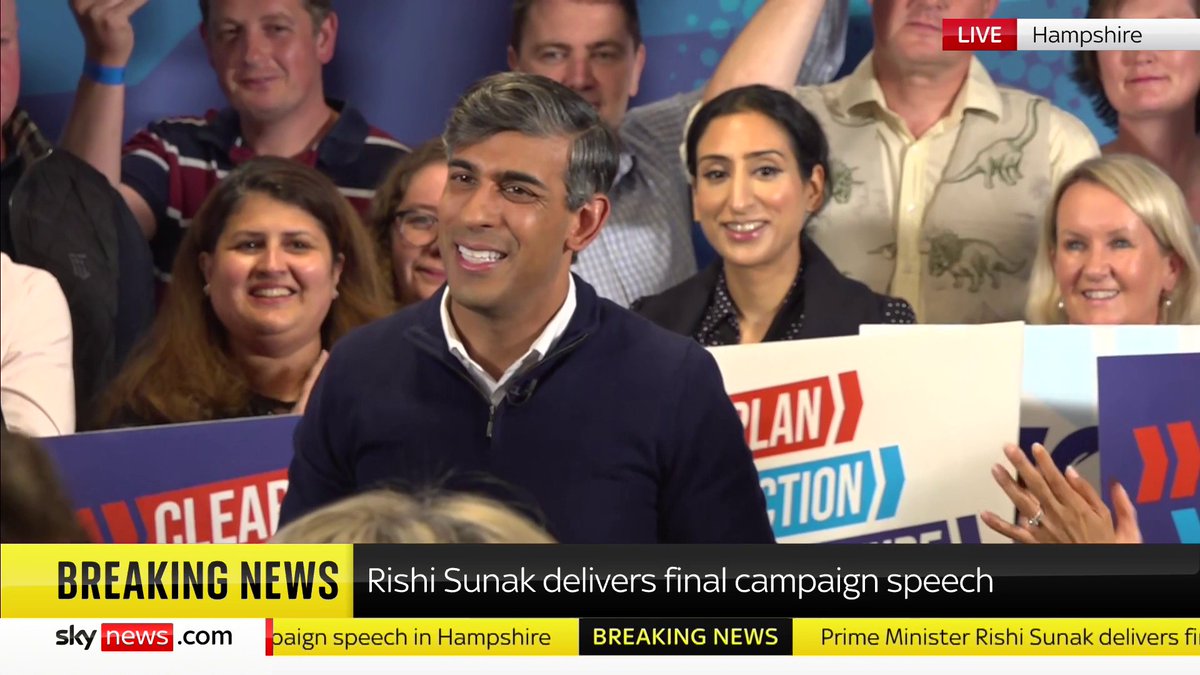 "It is not over until the final whistle blows, my friends, and I can also tell you that this underdog will fight to that final whistle." Rishi Sunak gives a speech at his final event of the election campaign. Live 🔗 📺 Sky 501, Virgin 602 and YouTube