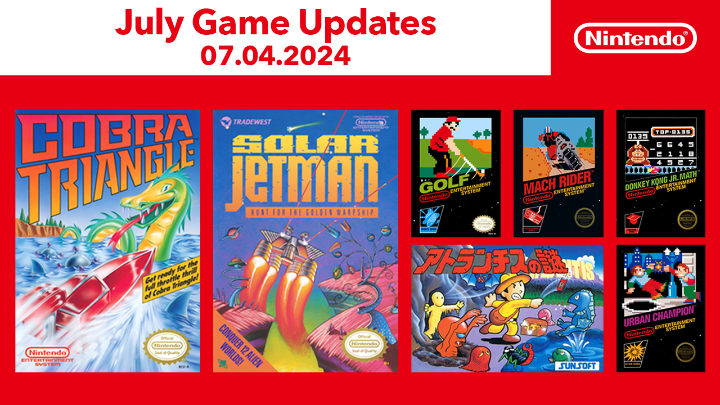 7 classic games are now available to play for #NintendoSwitchOnline members! #NES: ☑️ Urban Champion ☑️ Golf ☑️ Donkey Kong Jr. Math ☑️ Mach Rider ☑️ The Mystery of Atlantis ☑️ SOLAR JETMAN ☑️ COBRA TRIANGLE