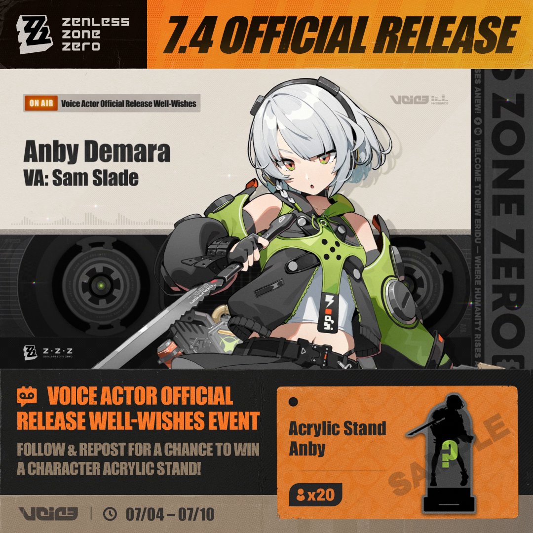 / 🎁 Celebrating #zzzero July 4 Release Voice Actor Well-Wishes Event \ Well-Wishes From Anby's VA - #SamSlade Follow & repost for a chance to win a Character Acrylic Stand! ▼ Rules #zenless0704 #zenlesszonezero #Anby