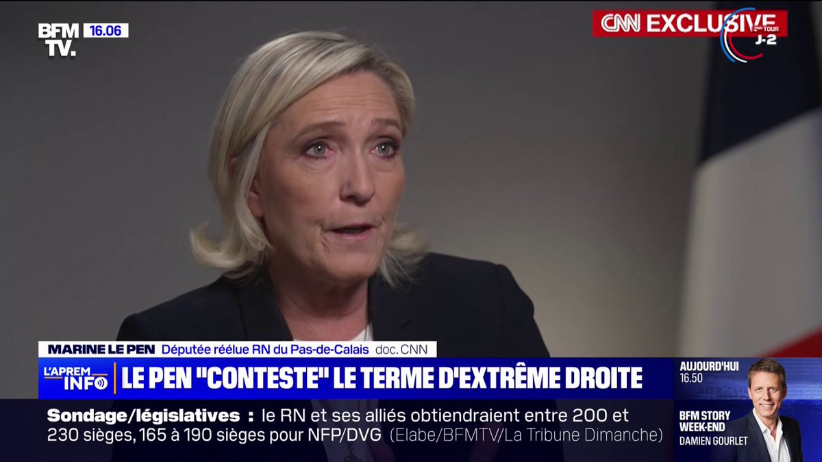 💬 "L'équivalent de ce que nous sommes aux États-Unis, c'est entre le centre droit et le centre gauche" Dans une interview à CNN, Marine Le Pen "conteste" le terme d'extrême droite et dénonce un mot "stigmatisant"