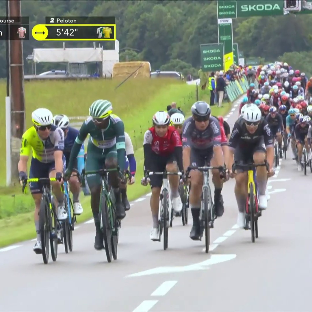 Biniam Girmay takes the intermediate sprint from the peloton and extends his advantage in the Green Jersey. Can the Eritrean make it a second stage win today? #TDF2024 | @IntermarcheW