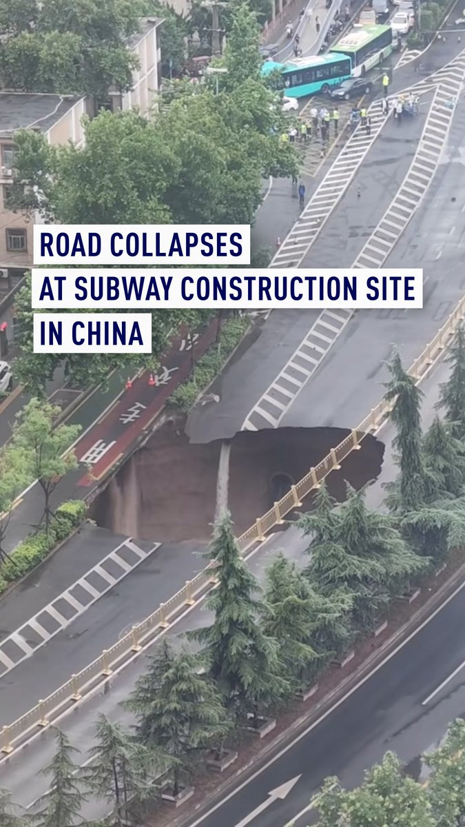 A large hole formed in the middle of the road in Xi'an city, northwest China, when a subway under construction suddenly surged with water and sand. Thankfully, no casualties were reported. #XiAn #ConstructionIncident #RoadCollapse #China #Subway #Collapse #Accident