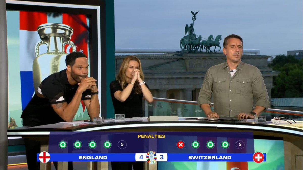 That winning feeling 🤣 Gary Neville, Karen Carney and Joleon Lescott react to Trent Alexander-Arnold's winning penalty for England 🏴 #Euro2024 | #ENGSUI