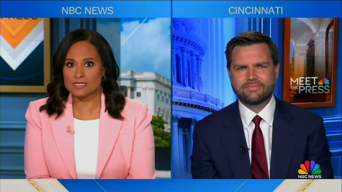 Q: Would you support Trump appointing a special prosecutor to go after his political enemies? Trump VP contender JD Vance: That’s what Joe Biden did Welker: Joe Biden didn't appoint a special prosecutor. Trump was indicted by grand juries and found guilty by his peers. Would you support Trump appointing a special prosecutor to go after his enemies? Vance: I believe in law and order (He wants to be the running mate for a convicted criminal)