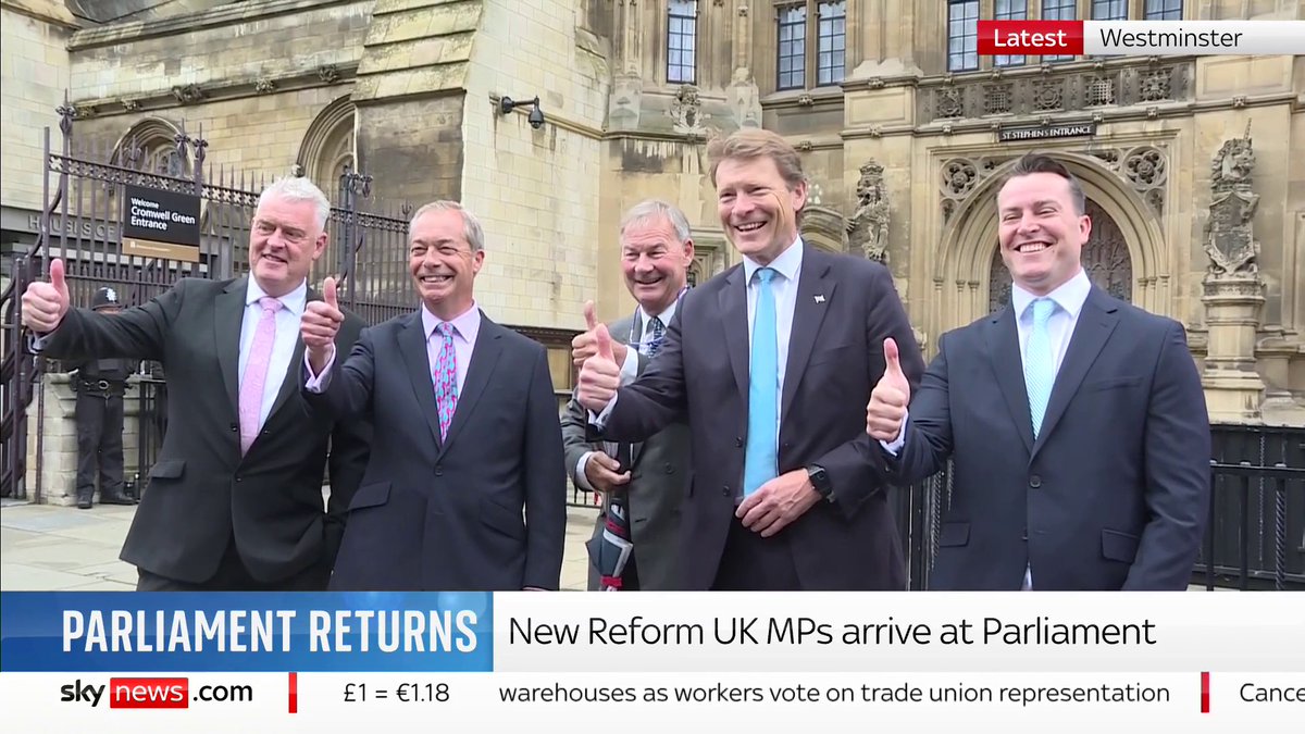 Reform UK's new MPs have arrived at parliament to be sworn in. Politics latest: 📺 Sky 501, Virgin 602, Freeview 233 and YouTube