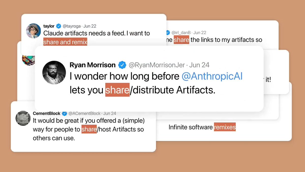 Artifacts made with Claude can now be published and shared. You can also remix Artifacts shared by others. 🎨