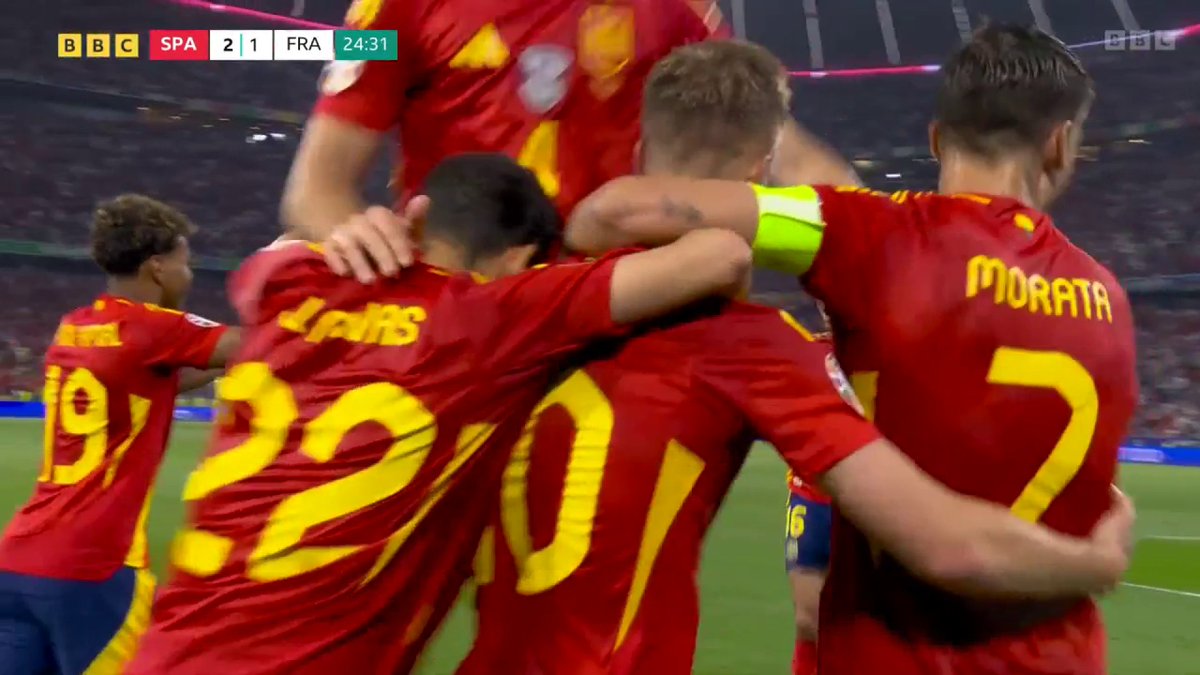What a game this has turned into 😲 Dani Olmo's shot goes in off Jules Kounde! #BBCEuros #Euro2024