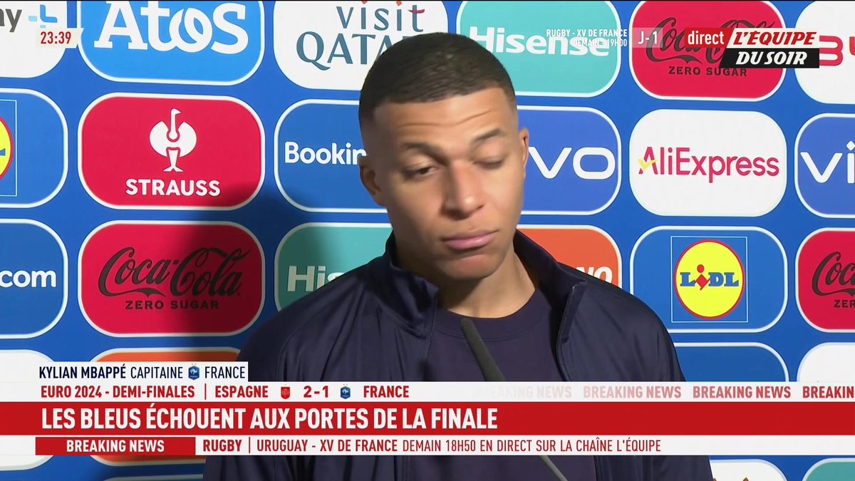 Kylian Mbappé, na zona mista, após a eliminação da França para a Espanha. "A minha Eurocopa foi um fracasso. [....] O futebol é simples. Ou você é bom ou não. Eu não fui bom, então vamos para casa." 📽️: la chaine L'Équipe