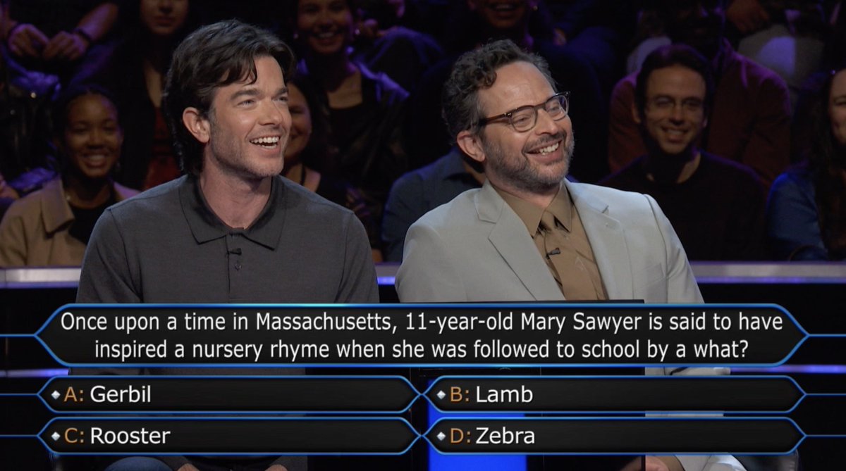 John @Mulaney and @NickKroll share the chair and the wisdom of Gene Simmons... a new, 25th anniversary season of Who Wants to Be a Millionaire premieres tonight at 8|7c on ABC Millionaire TV