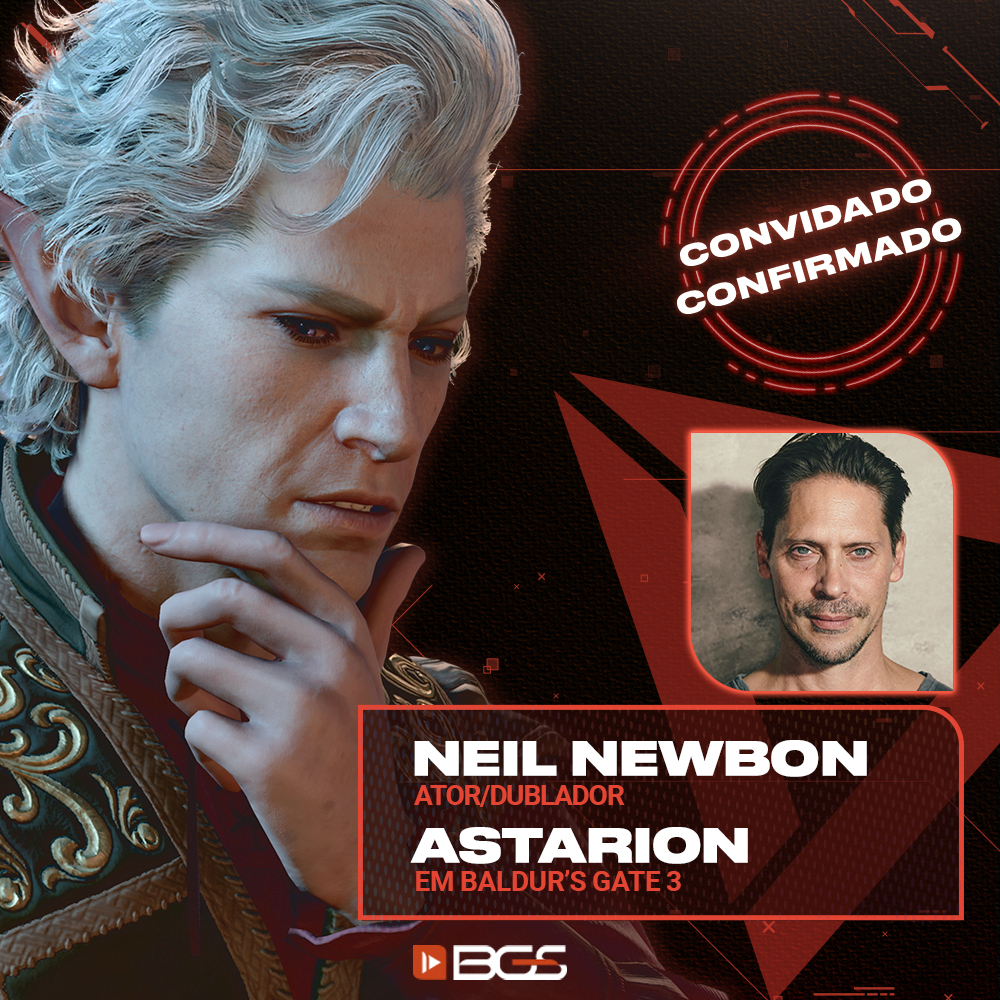 ✨ VOCÊ VAI ENCONTRAR O ASTARION, DE BALDUR'S GATE 3 FRENTE A FRENTE! 😲🧛♂️ Podem se preparar pois Neil Newbon, ator e dublador que dá vida ao personagem está confirmado na #BGS24! 🤩✨ Marca aqui o amigo que vai amar essa notícia! ❤️