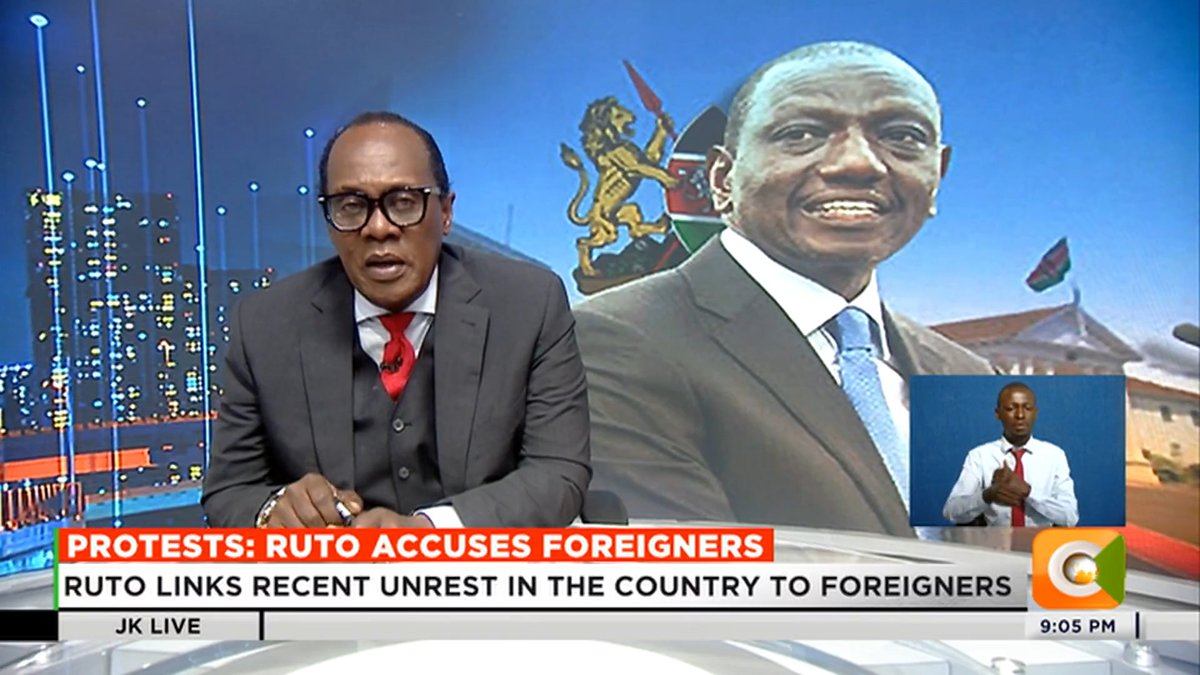 Protests: Ruto Accuses Foreigners Ruto links recent unrest in the country to foreigners Ruto: I want to remind them Kenya is a democratic nation Ruto: Let us not allow anarchy in our country Ruto: We must know that we will have an exam in 2027 #JKLive Jeff Koinange, MBS