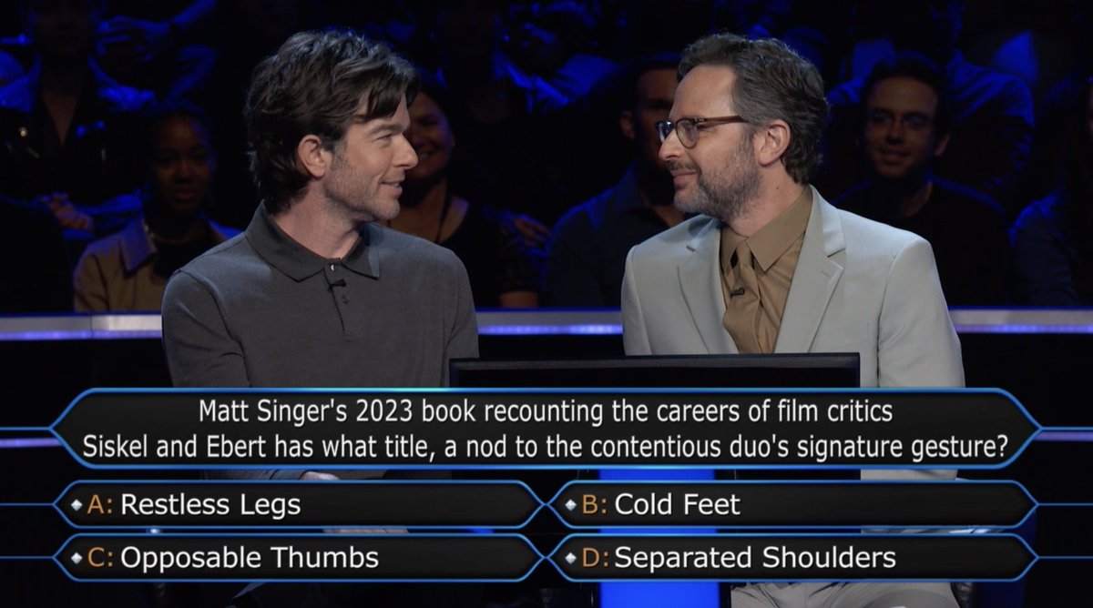 .@NickKroll and a teen John @Mulaney call the cops on the late Gene Siskel in the return of Who Wants to Be a Millionaire, premiering tonight at 8|7c on ABC Millionaire TV