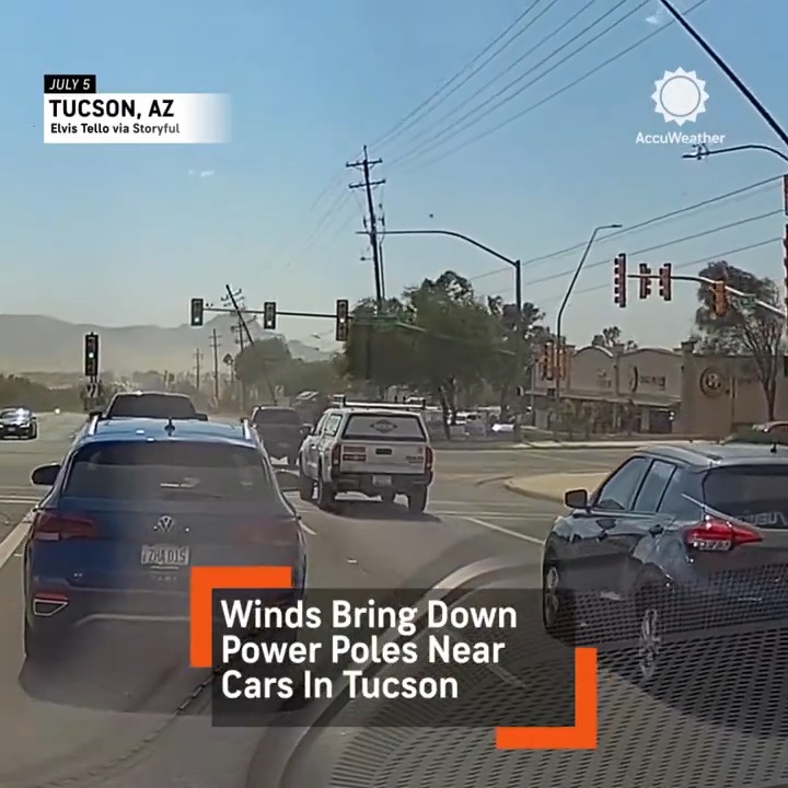 Dashcam footage captured the moment winds caused a row of power poles to come crashing down at an intersection full of cars in Tucson, Arizona, last week.