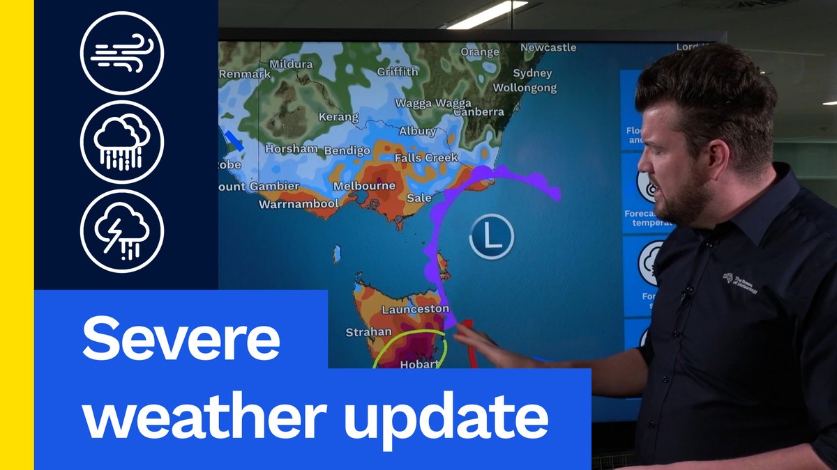 Severe Weather Update: Heavy rain and damaging winds to impact parts of #Tasmania and possibly #Victoria. Video current: 2pm AEST 12 July 2024. Latest forecasts and warnings: or the BOM Weather app.