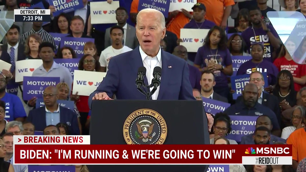 "I am running and we're gonna win." President Biden speaks at a campaign event in Michigan.