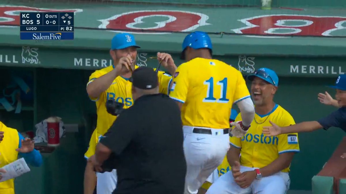 Rafael Devers passes Jason Varitek on the Red Sox home run list. Varitek is the first to greet him in the dugout!