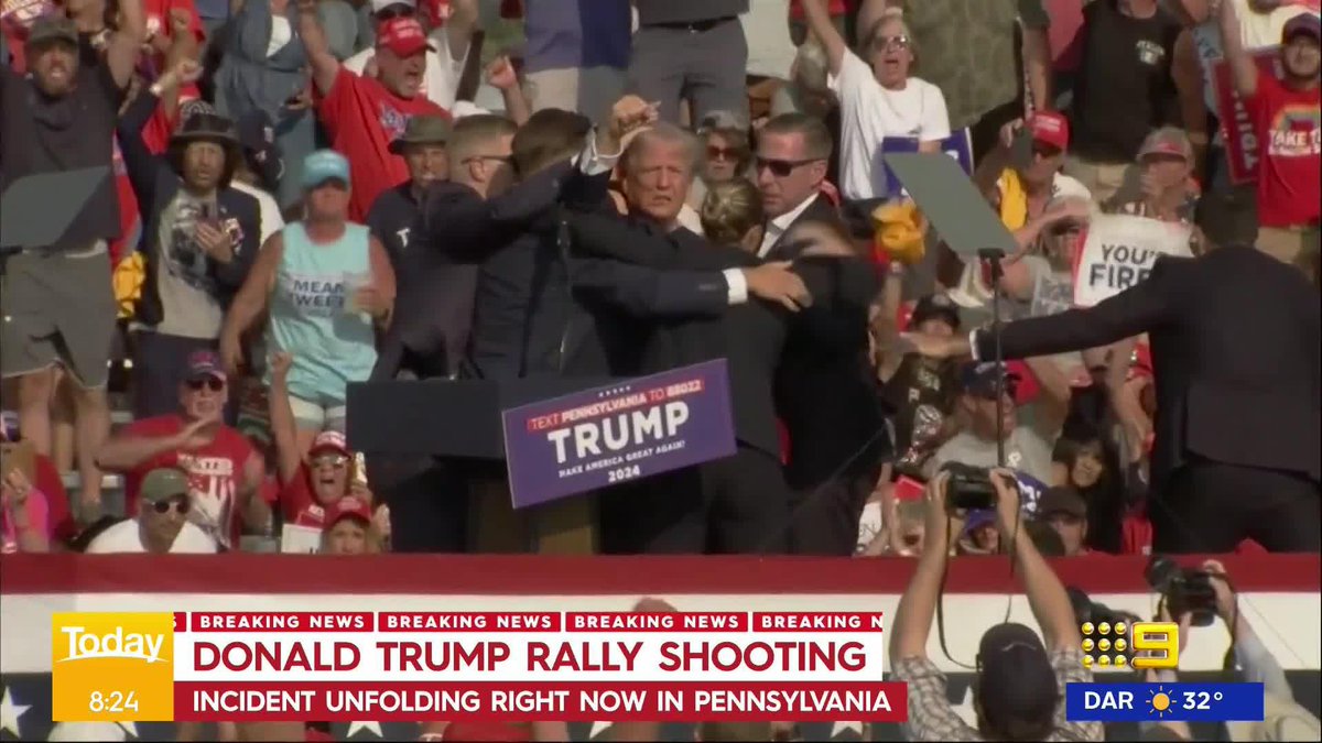 #BREAKING: Donald Trump has been escorted off the stage during his rally in Pennsylvania after shots were fired. #9News