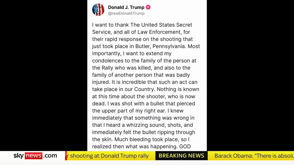 BREAKING: Donald Trump has issued a statement after a suspected assassination attempt at his rally in Pennsylvania. 'I was shot with a bullet that pierced the upper part of my right ear' Latest updates: 📺 Sky 501, Virgin 602, Freeview 233 and YouTube