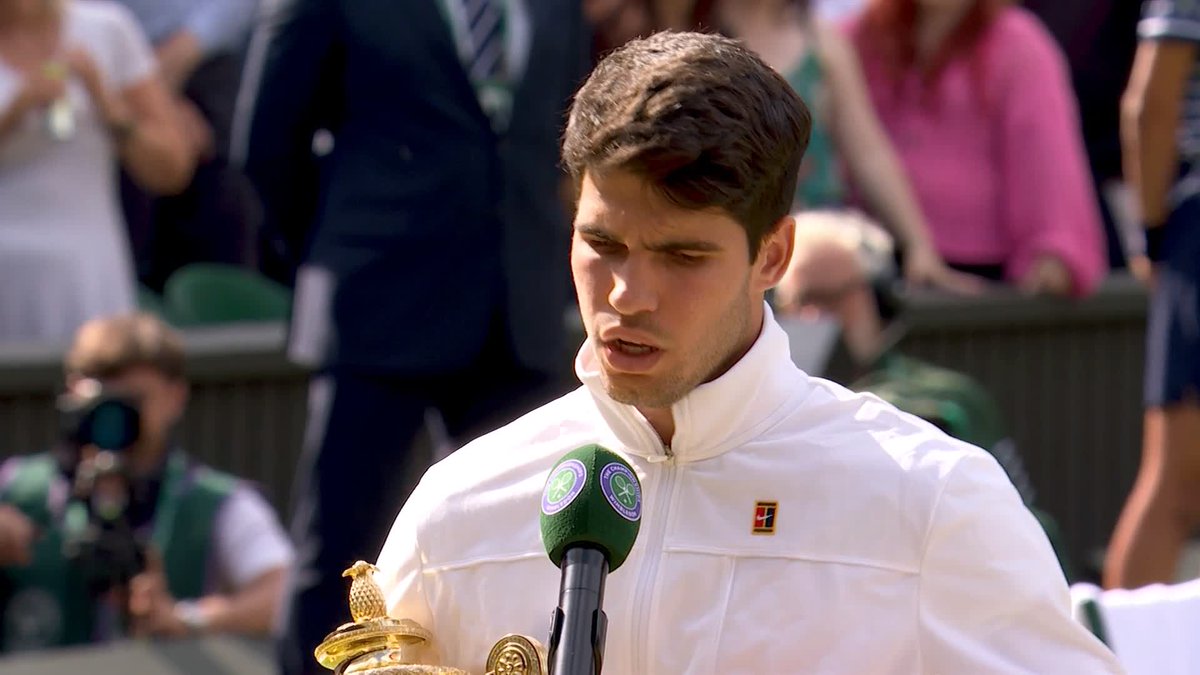 "The most beautiful tournament. The most beautiful court. The most beautiful trophy." Carlos Alcaraz is living his dream as a #Wimbledon champion once again 💚