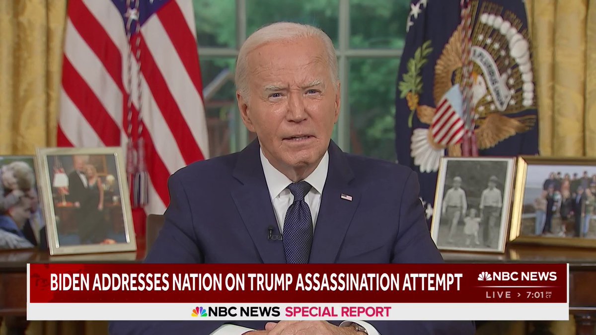 "It's time to cool it down. We all have a responsibility to do that." President Biden delivers an Oval Office address after yesterday's assassination attempt on Trump at a Pennsylvania rally.