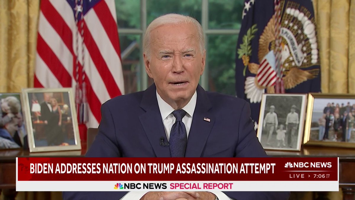 "In America, we resolve our differences at the ballot box... not with bullets," President Biden said during an Oval Office address following a failed assassination attempt on Trump.
