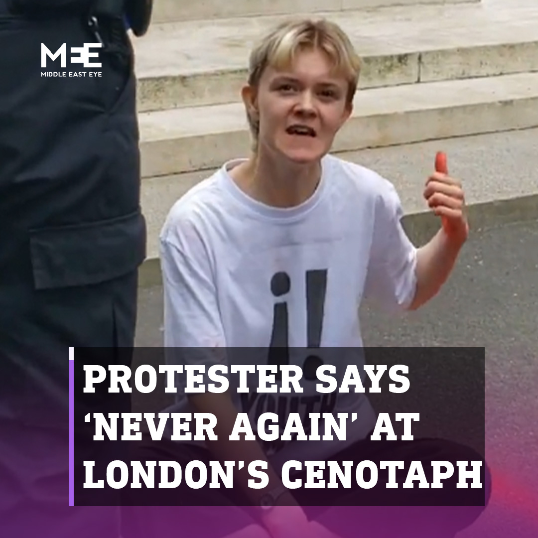 “Never again means never again.” Activist group Youth Demand laid a Palestine flag at London’s Cenotaph and painted pro-Palestine slogans on the ground next to the monument on Monday.