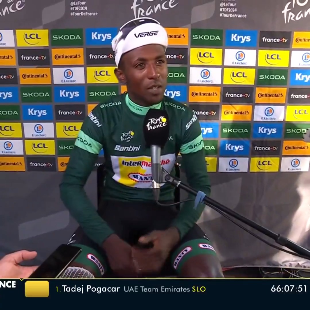 Biniam Girmay says he's okay after the crash. Knee and elbow took the worst of it. Ready to fight for the green jersey all the way to Nice. #TDF2024