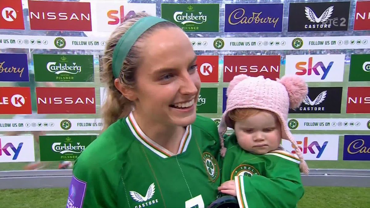 ๐ฎ๐ช 3-1 ๐ซ๐ท "It's so surreal. I'm just so happy. Both the goals are for Rosie. Hopefully we can inspire other mums " - Ireland's Player of the Match Julie-Ann Russell with her daughter after scoring in both games back following a four-year absence #WEURO2025
