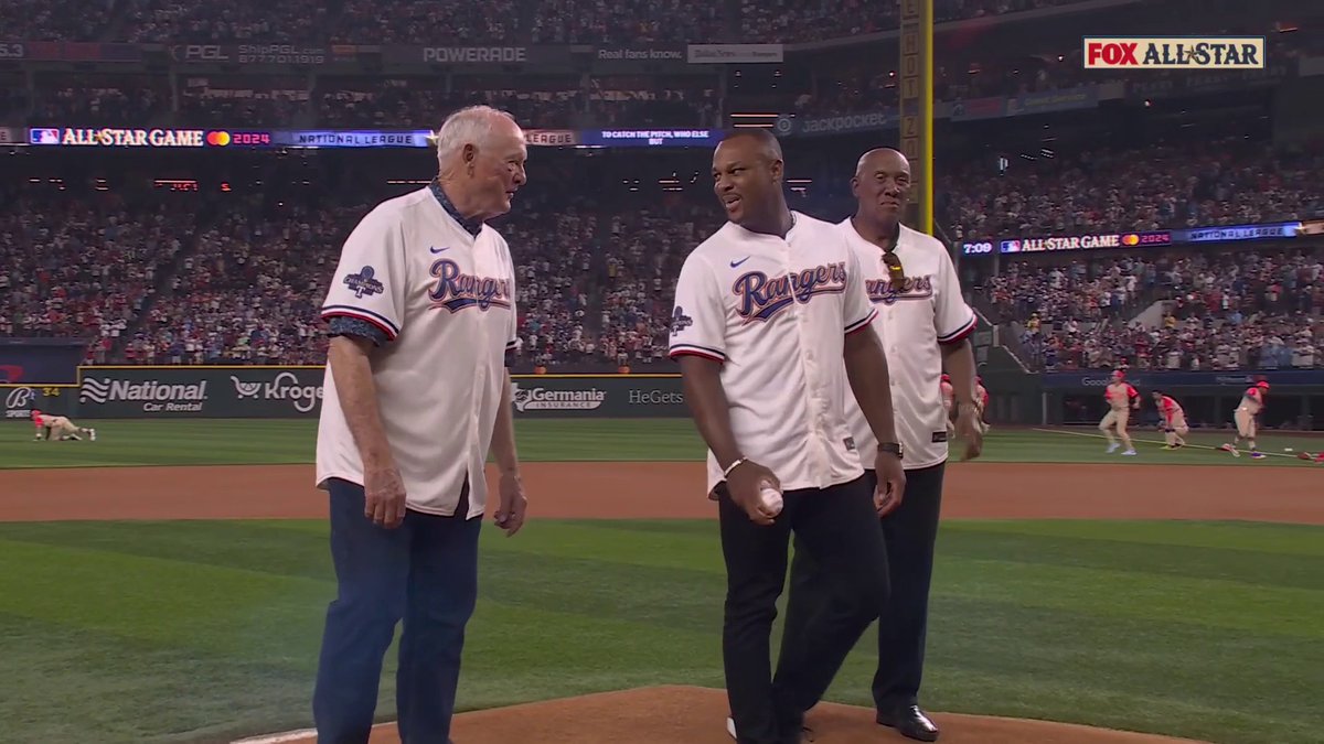 TEXAS RANGERS LEGENDS 🤠 Adrián Beltré throws out the first pitch to Pudge Rodriguez while being joined by Nolan Ryan and Fergie Jenkins #AllStarGame