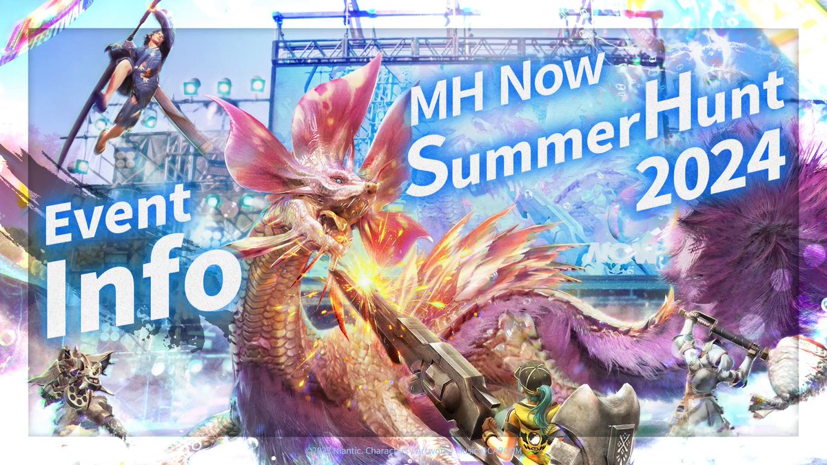 📢 MH Now Summer Hunt 2024 event info ✨ Join in the fun with the first-ever appearance of #Mizutsune and limited-time quests! 🫧 Upgrade your experience with a paid ticket and hunt #NightshadePaolumu 🙌 It all starts soon! #MHNow #monsterhunternow #DancingintheTempest