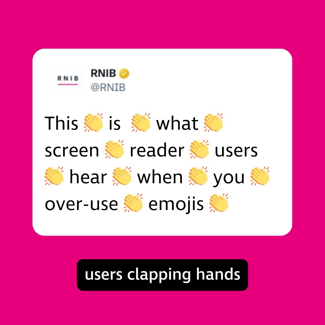 This #WorldEmojiDay, our message is simple: Please don't overuse emojis in your social media posts 🙏 Here is what putting emojis between each word sounds like to blind and partially sighted people using a screen reader. Annoying, right? So, only use one or two emojis per post