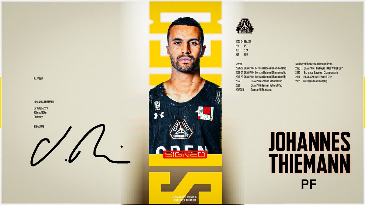 【契約合意のご報告】 この度、群馬クレインサンダーズでは、#ヨハネス・ティーマン 選手とのBリーグ 2024-25シーズンの選手契約(新規)が基本合意に達しましたのでお知らせいたします。 ▼詳細•本人コメントはこちら #群馬クレインサンダーズ #Bリーグ