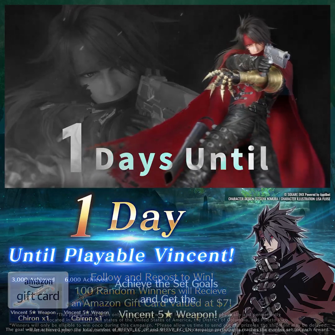 Introducing a New Character! Only 1 more day until #Vincent becomes playable! Follow and repost to be one of 100 people to win a 7.00 USD Amazon gift! Secure your victory with Berserk Dance & Reprieve! Deadline: Jul.18 1:59 AM PDT Official rules: #FF7EC