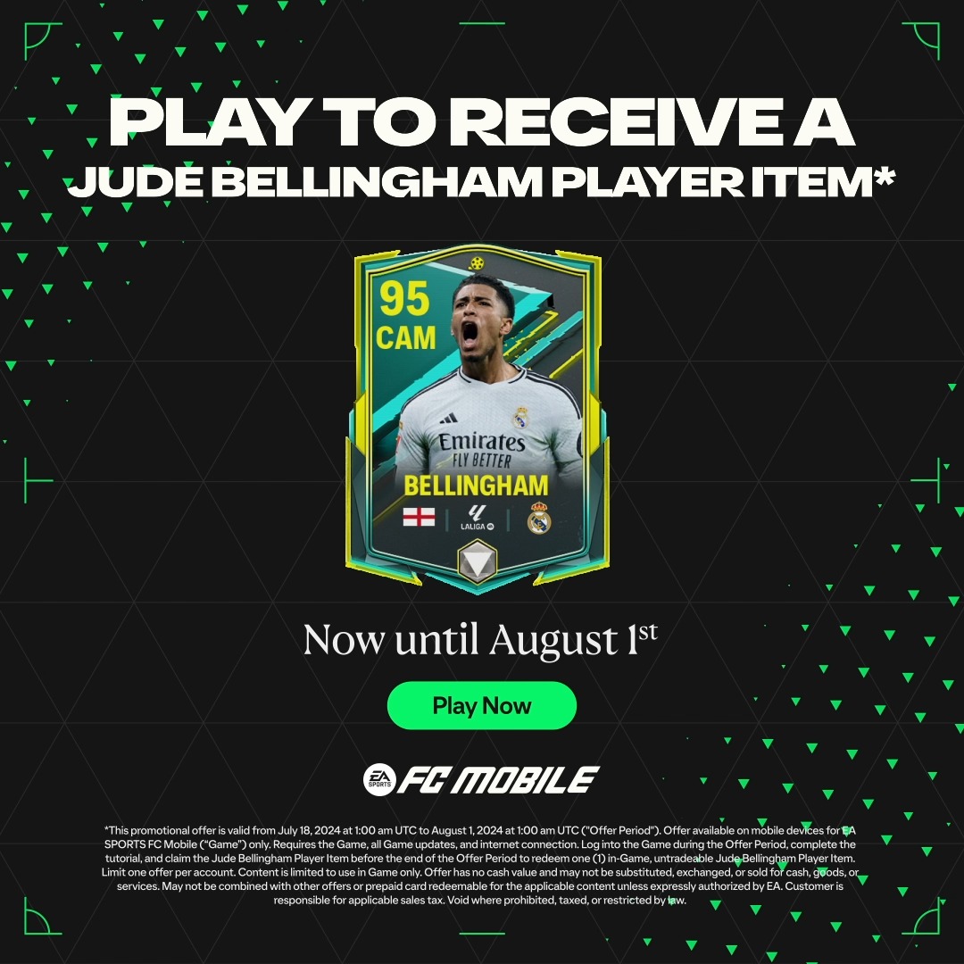 Real Madrid and England superstar, Jude Bellingham, is EA SPORTS FC™ Mobile's new Cover Star. Play #FCMobile now until August 1st to receive a 95 OVR Jude Bellingham Player Item!