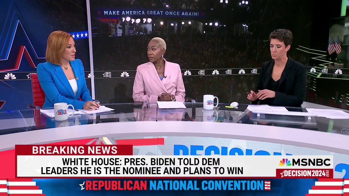 The White House states Biden told Dem leaders he is the nominee. It comes as ABC News reports Senate Majority Leader Schumer and House Minority Leader Jeffries told Biden to step down. NBC News has not independently confirmed that at this time.