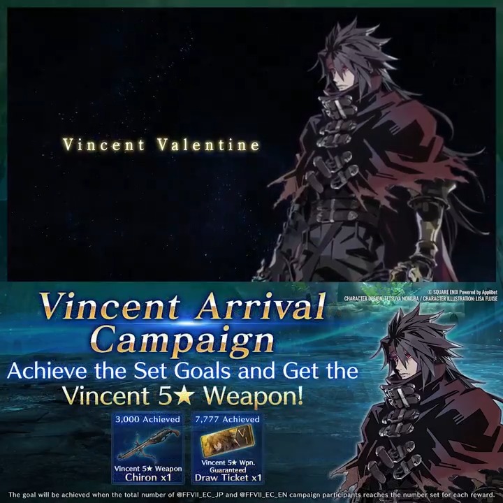 Vincent Arrival Campaign Vincent has become playable! Follow and repost to win a 7.00 USD Amazon gift or Vincent goods at random! Deadline: Jul. 21 7:59 AM PDT Official rules: #Vincent #FF7EC
