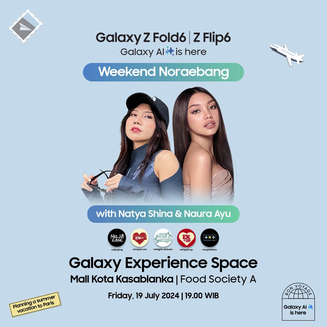 Reply “I WANT TO JOIN WEEKEND NORAEBANG AT #GalaxyExperience Space” if you are ready to sing and dance with Natya Shina & Naura Ayu! Let’s spend this weekend with experiencing our booth with #GalaxyZFold6 #GalaxyZFlip6 and get a chance to win trip to Paris 🥳