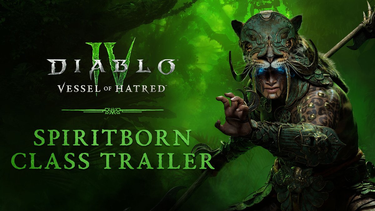 Unleash the apex predator of the jungle. Harness unique acrobatic movement, versatile playstyles, and the primal power of your Spirit Guardians to lay waste to darkness as the Spiritborn. #DiabloIV's new class joins the fray in #VesselOfHatred on October 8th.