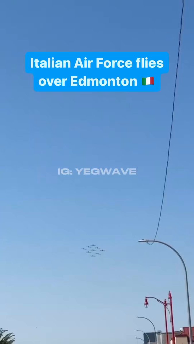 Scene as the Italian Air Force aerobatic team, known as Frecce Tricolori, flew over Downtown Edmonton moments ago 🇮🇹 They are touring Canada and the United States this summer for the first time in over three decades. The North America Tour is intended to showcase the values, technology, professionalism, and teamwork skills of the Italian Air Force, while also providing an opportunity to deploy and operate thousands of kilometers away from Italy 🪖