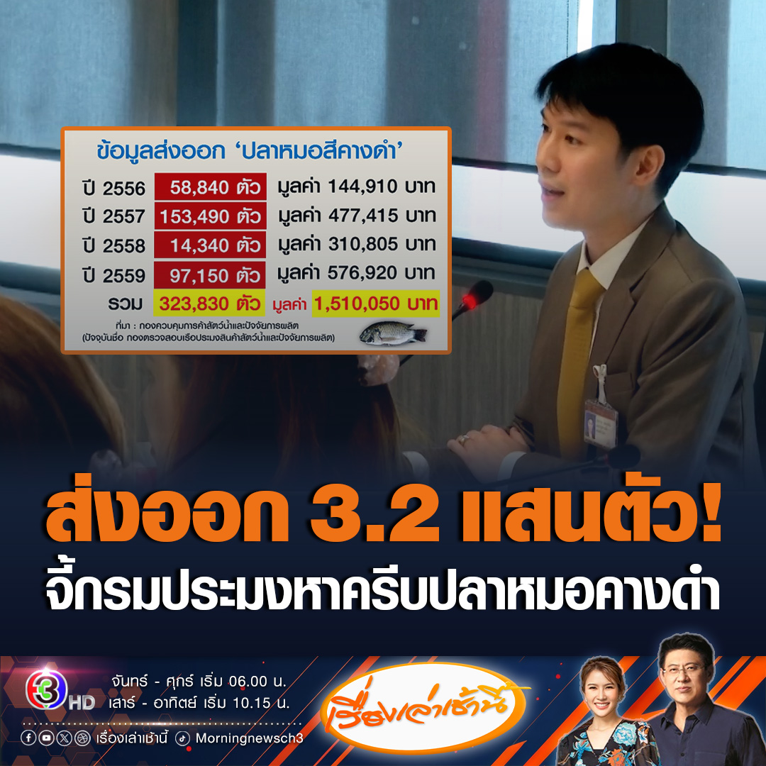 #เรื่องเล่าเช้านี้ “หมอเก่ง” สส.ก้าวไกล จี้กรมประมง ถามครีบปลาหมอคางดำอยู่ไหน ได้ตัดเก็บเป็นตัวอย่างตามกฎหรือไม่ เตรียมบุกกรมประมงตามล่าหาความจริง บอกน้ำท่วมแค่เข่า ขอดูที่เก็บตัวอย่าง ขณะที่พบข้อมูลมีการเพาะเลี้ยง ส่งออกปลาหมอคางดำ 3.2 แสนตัว #ข่าวช่อง3 #ข่าวสังคม #ปลาหมอคางดำ
