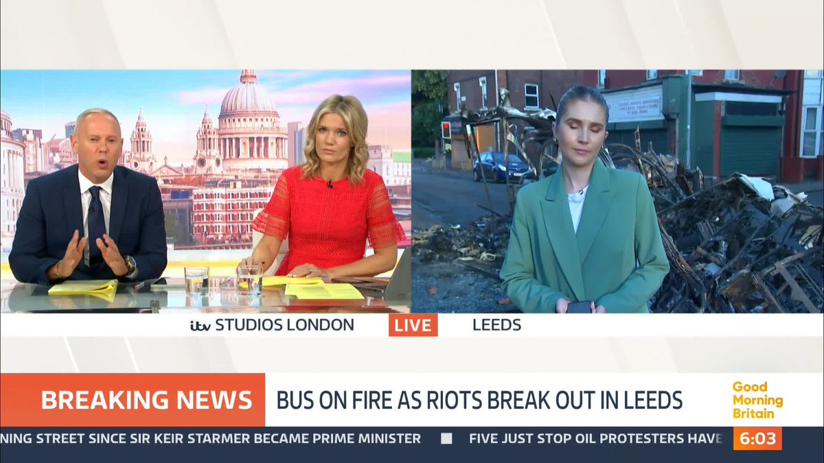 Overnight, rioters have set fire to a double-decker bus and attacked and turned over a police car in Leeds. Hundreds of people took to the streets, many fighting running battles with officers. Polly Bartlett has the latest.