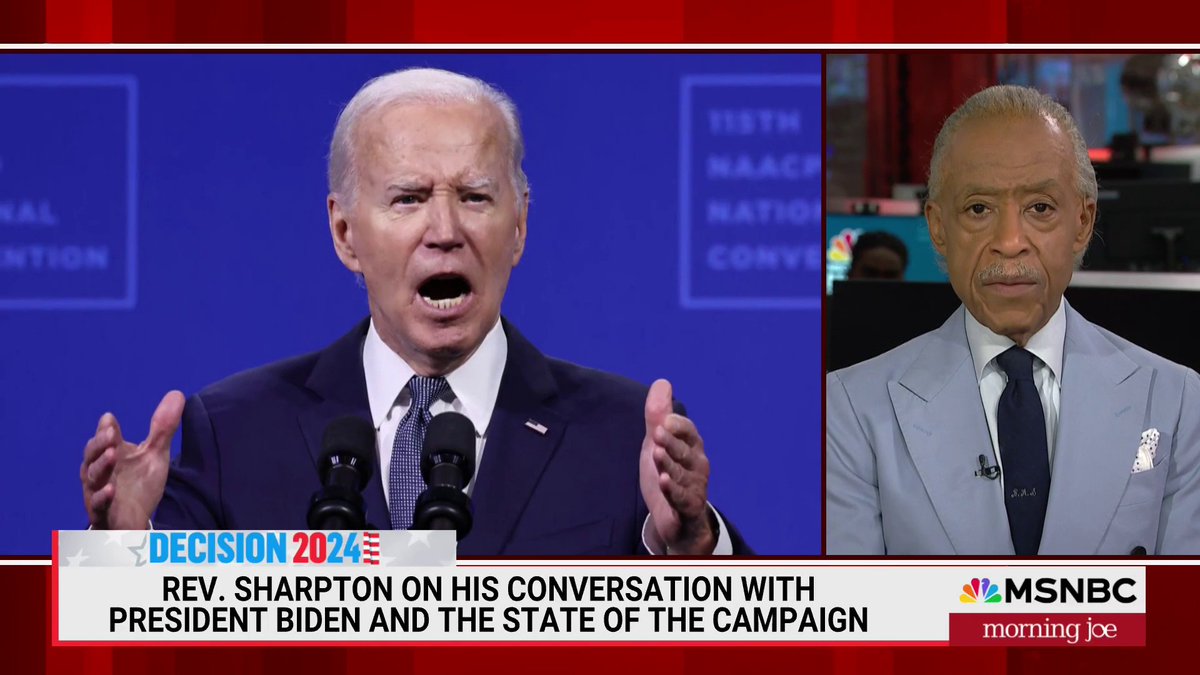 .Reverend Al Sharpton: "I'm not pushing for [Biden] to step aside. I'm pushing for us to have a very unemotional, clear perspective on how we salvage the progress that's been made in the 3.5 years and move forward. Because we have real danger, which was demonstrated last night by Trump."