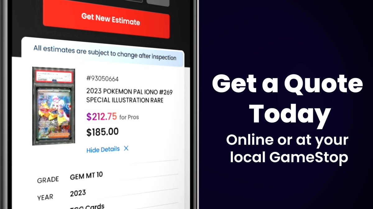 Introducing our Graded Trading Cards Quote Tool! Now available on our site &amp; the GameStop app. Get real-time estimates for your PSA graded cards &amp; cash in today! #GameStop #TradingCards #PSAGraded